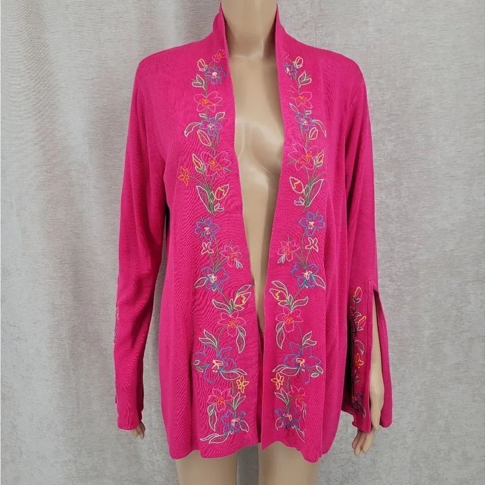 Diane Von Furstenburg Pink Silk Open Cardigan Floral Embroidery Split Cuffs NWT